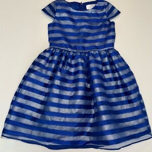 Charming Striped Blue Overlay on Silver Kids Formal Dress
